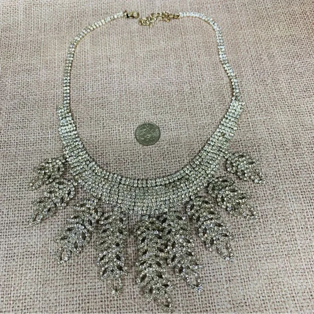 Silver Clear Rhinestone Leaf Bib Necklace‎